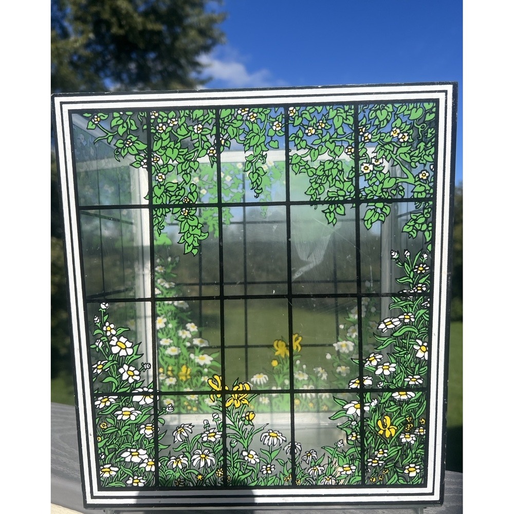 Vintage Lucite Plastic Trash Can Stained Glass Flower Retro Garden